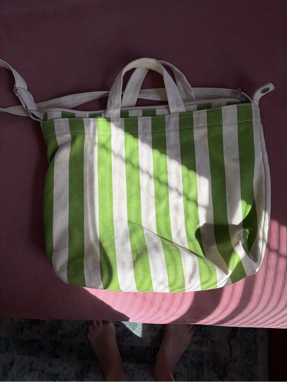 BAGGU Green and Cream Vertical Stripe Canvas Tote - Picture 5 of 5